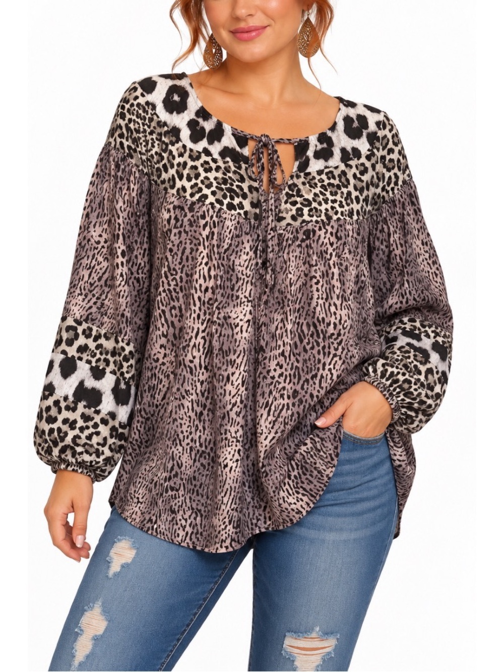 GiGio by Umgee Neutral Animal Print Boho Blouse – Long Sleeve size Medium NWT